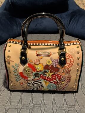 Nicole Lee Beige Embroidered Beach Satchel with Black Handles